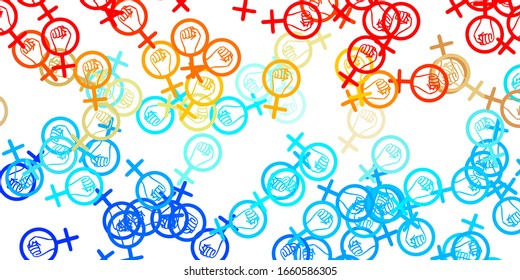 Light Blue, Red vector backdrop with woman's power symbols. Abstract illustration with a depiction of women's power. Best design to show the power of women.