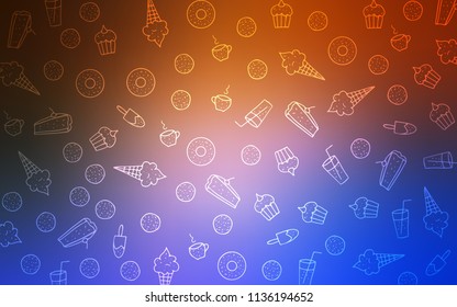 Light Blue, Red vector background with tasty sweets. Confections on blurred abstract background with colorful gradient. Pattern for ads of breakfast, lunch, dinner.