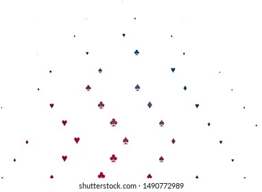Light Blue, Red vector background with cards signs. Colorful gradient with signs of hearts, spades, clubs, diamonds. Pattern for ads of parties, events in Vegas.