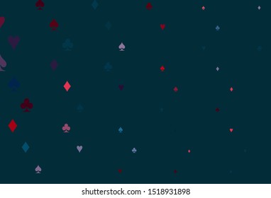 Light Blue, Red vector background with cards signs. Illustration with set of hearts, spades, clubs, diamonds. Design for ad, poster, banner of gambling websites.