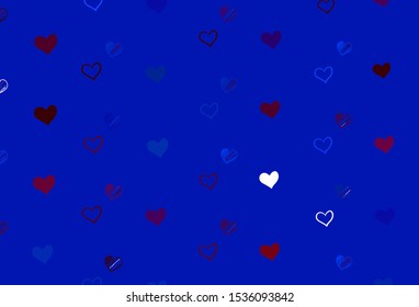 Light Blue, Red vector background with hearts. Blurred decorative design in doodle style with hearts. Pattern for carnival, festival romantic leaflets.