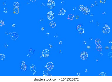 Light Blue, Red vector background with cuisine gourmet. Colorful decorative design of snacks in doodle style. Pattern for ad, booklets, leaflets of restaurants.