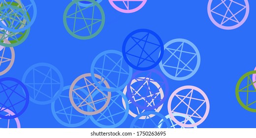 Light Blue, Red vector background with occult symbols. Colorful vintage illustration with gradient alchemy shapes. Background for esoteric, mystic designs.