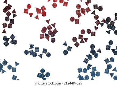 Azul claro, fondo vectorial rojo con triángulos, círculos, cubos. Ilustración de gradiente abstracto con círculos, triángulos, cubos. Mejor diseño para tu anuncio, afiche, banner.