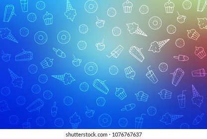 Light Blue, Red vector cover with set of confections. Decorative shining illustration with sweets on abstract template. Pattern for ad, booklets, leaflets of restaurants.