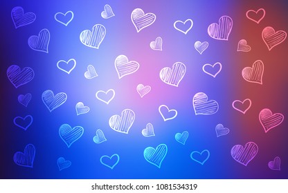 Light Blue, Red vector cover with Shining hearts. Decorative shining illustration with hearts on abstract template. Beautiful design for your business advert of anniversary.