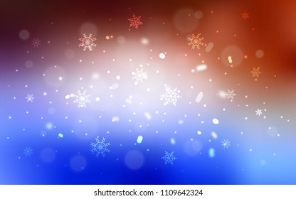 Light Blue, Red vector cover with beautiful snowflakes. Snow on blurred abstract background with gradient. The pattern can be used for new year leaflets.