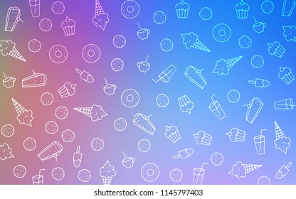 Light Blue, Red vector cover with set of confections. Illustration with set of sweet food in doodle style. Design for ad, poster, banner of cafes or restaurants.