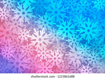 Light Blue, Red vector cover with beautiful snowflakes. Blurred decorative design in xmas style with snow. The pattern can be used for year new  websites.