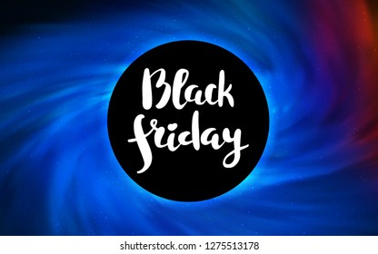 Light Blue, Red vector cover with a black hole, nebula. Colorful black hole with shining night sky stars. Backdrop for super sales on Black Friday.