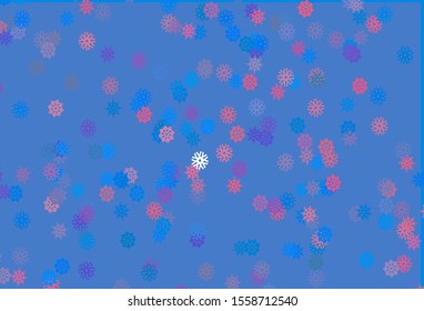 Light Blue, Red vector cover with beautiful snowflakes. Snow on blurred abstract background with gradient. The pattern can be used for new year ad, booklets.