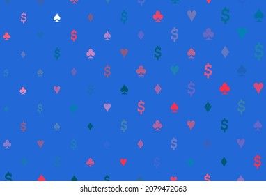 Light blue, red vector cover with symbols of gamble. Blurred decorative design of hearts, spades, clubs, diamonds. Pattern for leaflets of poker games, events.