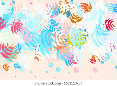 Light Blue, Red vector doodle layout with leaves. leaves on blurred abstract background with gradient. New template for your design.