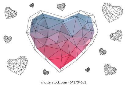 Light Blue, Red vector greeting Card Happy Valentine's Day. Lettering with hearts on the white polygonal background. Colored triangular illustration for your business.
