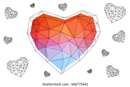 Light Blue, Red vector greeting Card Happy Valentine's Day. Lettering with hearts on the white polygonal background. Colored triangular illustration for your business.