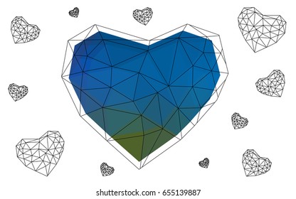 Light Blue, Red vector greeting Card Happy Valentine's Day. Lettering with hearts on the white polygonal background. Colored triangular illustration for your business.