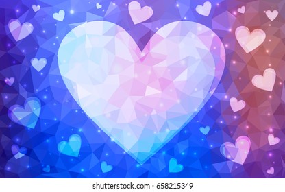 Light Blue, Red vector greeting Card Happy Valentine's Day. Lettering with hearts on the white polygonal background. Colored triangular illustration for your business.