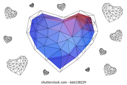Light Blue, Red vector greeting Card Happy Valentine's Day. Lettering with hearts on the white polygonal background. Colored triangular illustration for your business.