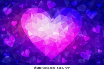 Light Blue, Red vector greeting Card Happy Valentine's Day. Lettering with hearts on the white polygonal background. Colored triangular illustration for your business.