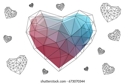 Light Blue, Red vector greeting Card Happy Valentine's Day. Lettering with hearts on the white polygonal background. Colored triangular illustration for your business.