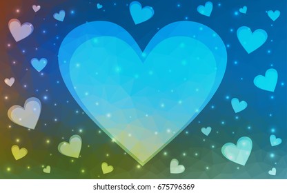 Light Blue, Red vector greeting Card Happy Valentine's Day. Lettering with hearts on the white polygonal background. Colored triangular illustration for your business.