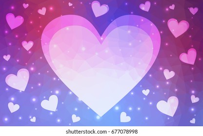 Light Blue, Red vector greeting Card Happy Valentine's Day. Lettering with hearts on the white polygonal background. Colored triangular illustration for your business.