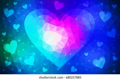Light Blue, Red vector greeting Card Happy Valentine's Day. Lettering with hearts on the white polygonal background. Colored triangular illustration for your business.