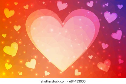 Light Blue, Red vector greeting Card Happy Valentine's Day. Lettering with hearts on the white polygonal background. Colored triangular illustration for your business.