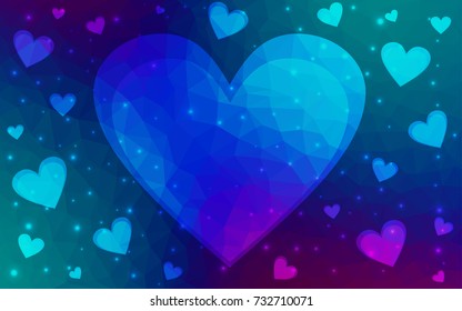 Light Blue, Red vector greeting Card Happy Valentine's Day. Lettering with hearts on the white polygonal background. Colored triangular illustration for your business.
