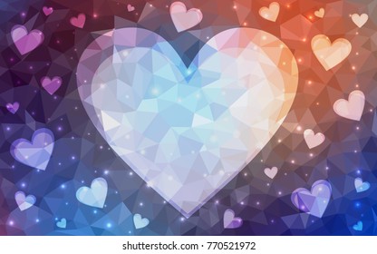 Light Blue, Red vector greeting Card Happy Valentine's Day. Lettering with hearts on the white polygonal background. Colored triangular illustration for your business.