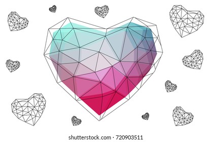 Light Blue, Red vector heart isolated on white background. Geometric rumpled triangular low poly origami style gradient graphic illustration. Polygonal design for your business.