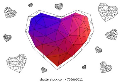 Light Blue, Red vector heart isolated on white background. Geometric rumpled triangular low poly origami style gradient graphic illustration. Polygonal design for your business.