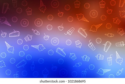 Light Blue, Red vector layout with sweet desserts. Beautiful colored illustration with candies in doodle style. Doodle design for your business advert of cafes.