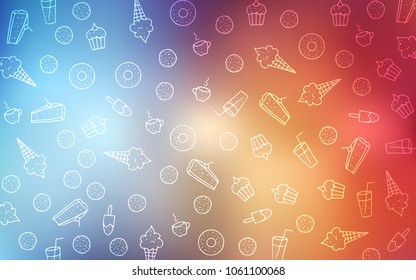 Light Blue, Red vector layout with sweet desserts. Decorative shining illustration with sweets on abstract template. Doodle design for your business advert of cafes.