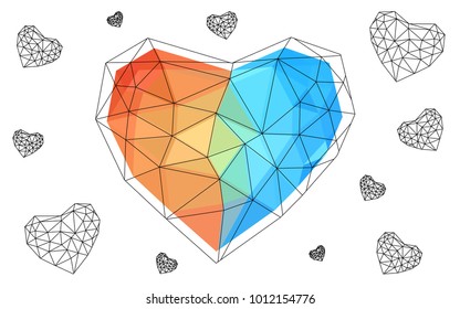 Light Blue, Red vector love background with heart. Paper note. Valentine's greeting polygonal card. Triangular illustration for your business. Stock template for your design.