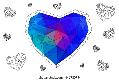 Light Blue, Red vector love background with heart. Paper note. Valentine's greeting polygonal card. Triangular illustration for your business. Stock template for your design.