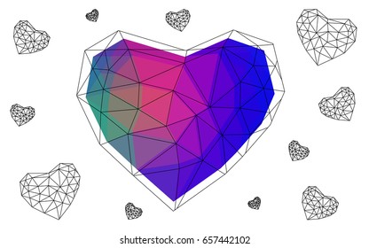 Light Blue, Red vector love background with heart. Paper note. Valentine's greeting polygonal card. Triangular illustration for your business. Stock template for your design.