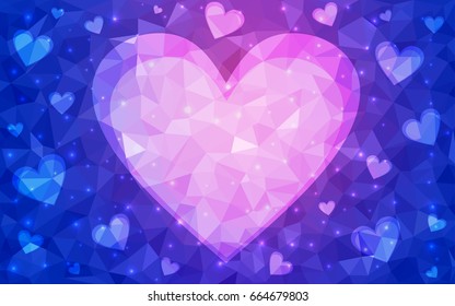 Light Blue, Red vector love background with heart. Paper note. Valentine's greeting polygonal card. Triangular illustration for your business. Stock template for your design.