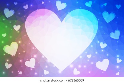 Light Blue, Red vector love background with heart. Paper note. Valentine's greeting polygonal card. Triangular illustration for your business. Stock template for your design.