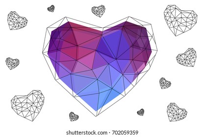 Light Blue, Red vector love background with heart. Paper note. Valentine's greeting polygonal card. Triangular illustration for your business. Stock template for your design.