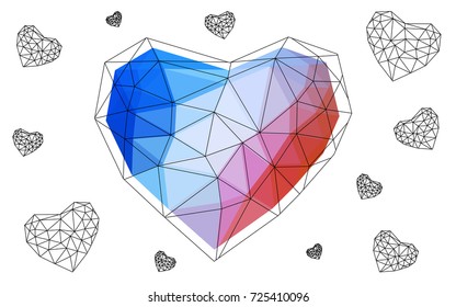 Light Blue, Red vector love background with heart. Paper note. Valentine's greeting polygonal card. Triangular illustration for your business. Stock template for your design.