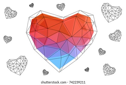 Light Blue, Red vector love background with heart. Paper note. Valentine's greeting polygonal card. Triangular illustration for your business. Stock template for your design.