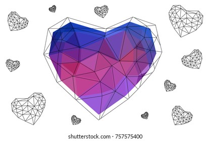 Light Blue, Red vector love background with heart. Paper note. Valentine's greeting polygonal card. Triangular illustration for your business. Stock template for your design.