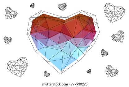 Light Blue, Red vector love background with heart. Paper note. Valentine's greeting polygonal card. Triangular illustration for your business. Stock template for your design.