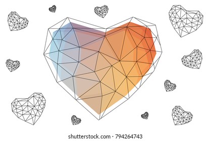 Light Blue, Red vector love background with heart. Paper note. Valentine's greeting polygonal card. Triangular illustration for your business. Stock template for your design.