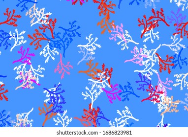 Hellblaue, rote Vektorillustration Naturkunst mit Sakura. Blätter und Äste mit Farbverlauf auf weißem Hintergrund. Elegantes Muster für Ihr Markenbuch.