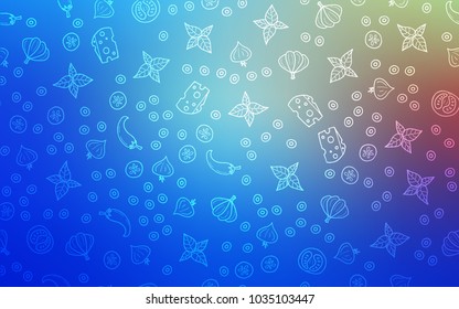 Light Blue, Red vector pattern with fresh ingredients. Fast Food on blurred abstract background with colorful gradient. Doodle design for your business advert of cafes.
