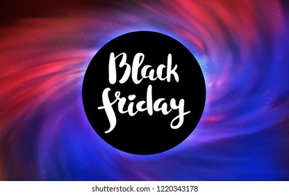 Light Blue, Red vector pattern with a black hole, stars. Abstract illustration with glitter colorful cosmic stars. Backdrop for ads, leaflets of Black Friday.