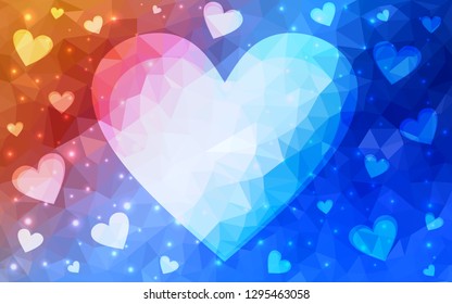 Light Blue, Red vector  pattern with colorful hearts. Decorative shining illustration with hearts on abstract template. Pattern for valentine's ad, booklets.