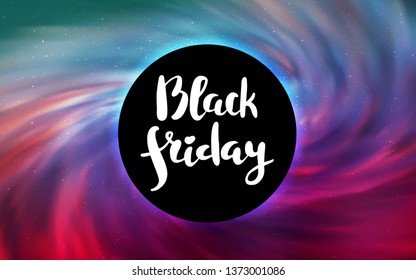 Light Blue, Red vector pattern with a black hole, stars. Abstract illustration with glitter colorful cosmic stars. Template for Black Friday sales.